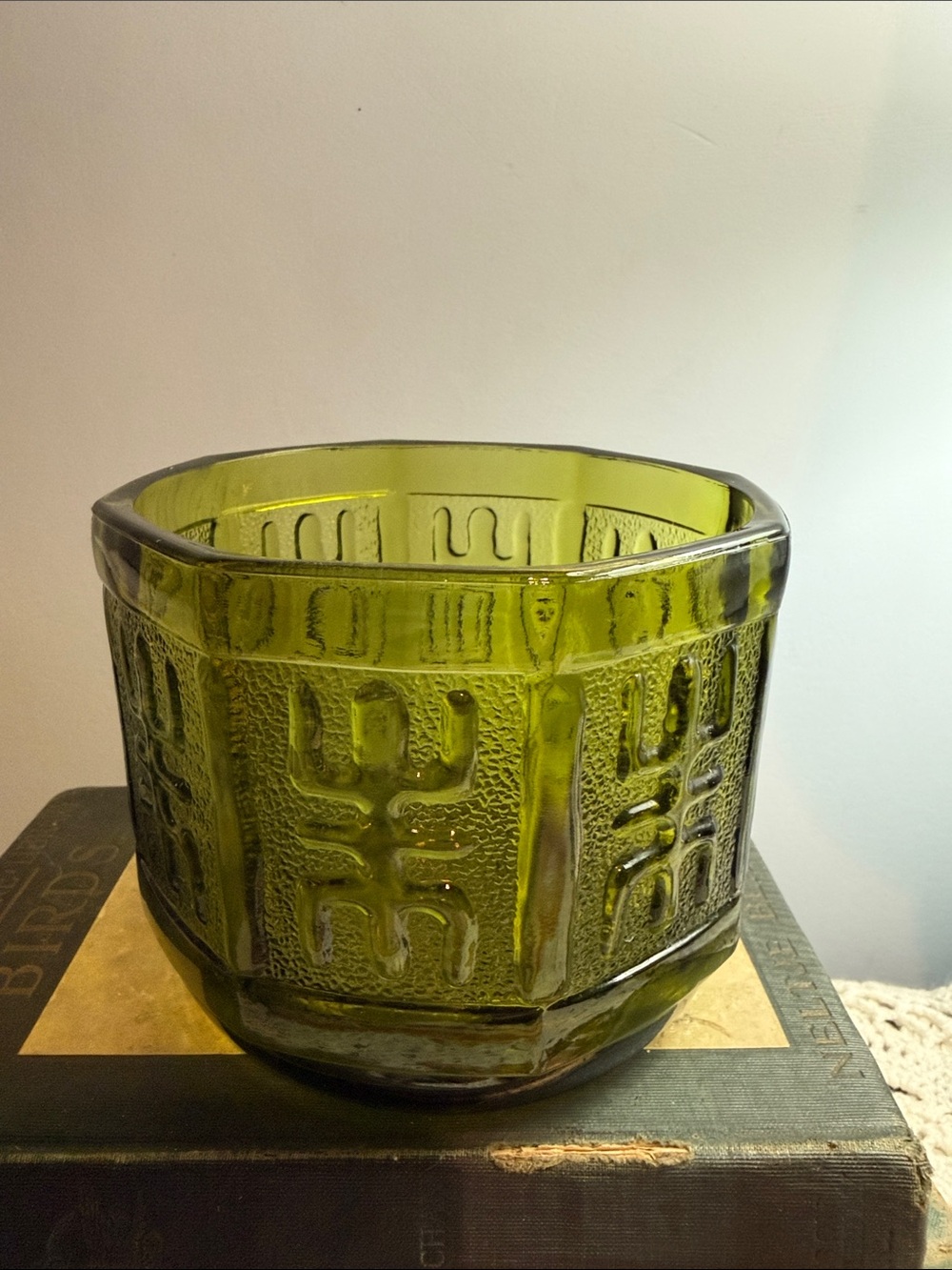 Octagonal Olive Green Textured Glass Bowl